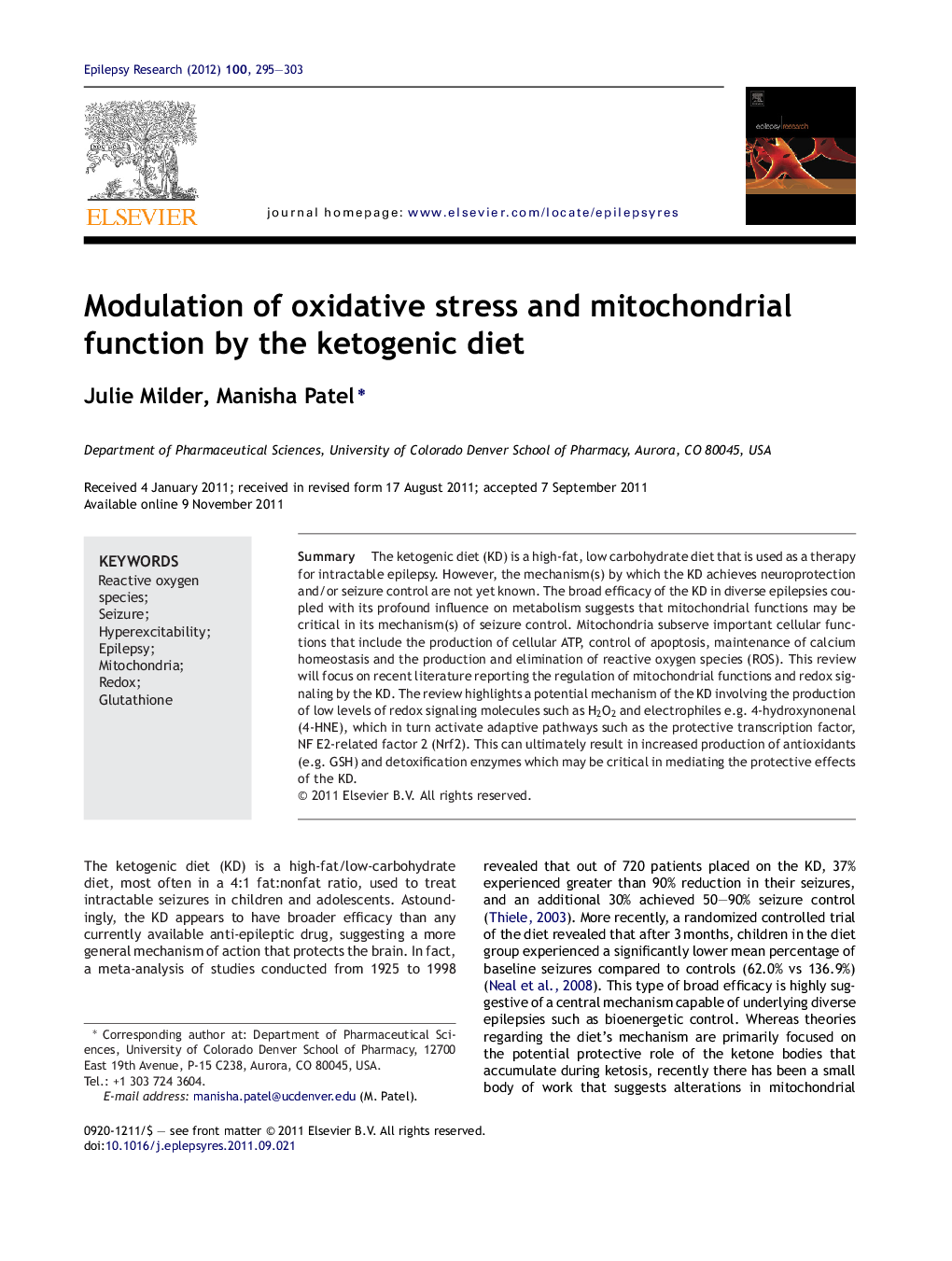 Modulation of oxidative stress and mitochondrial function by the ketogenic diet