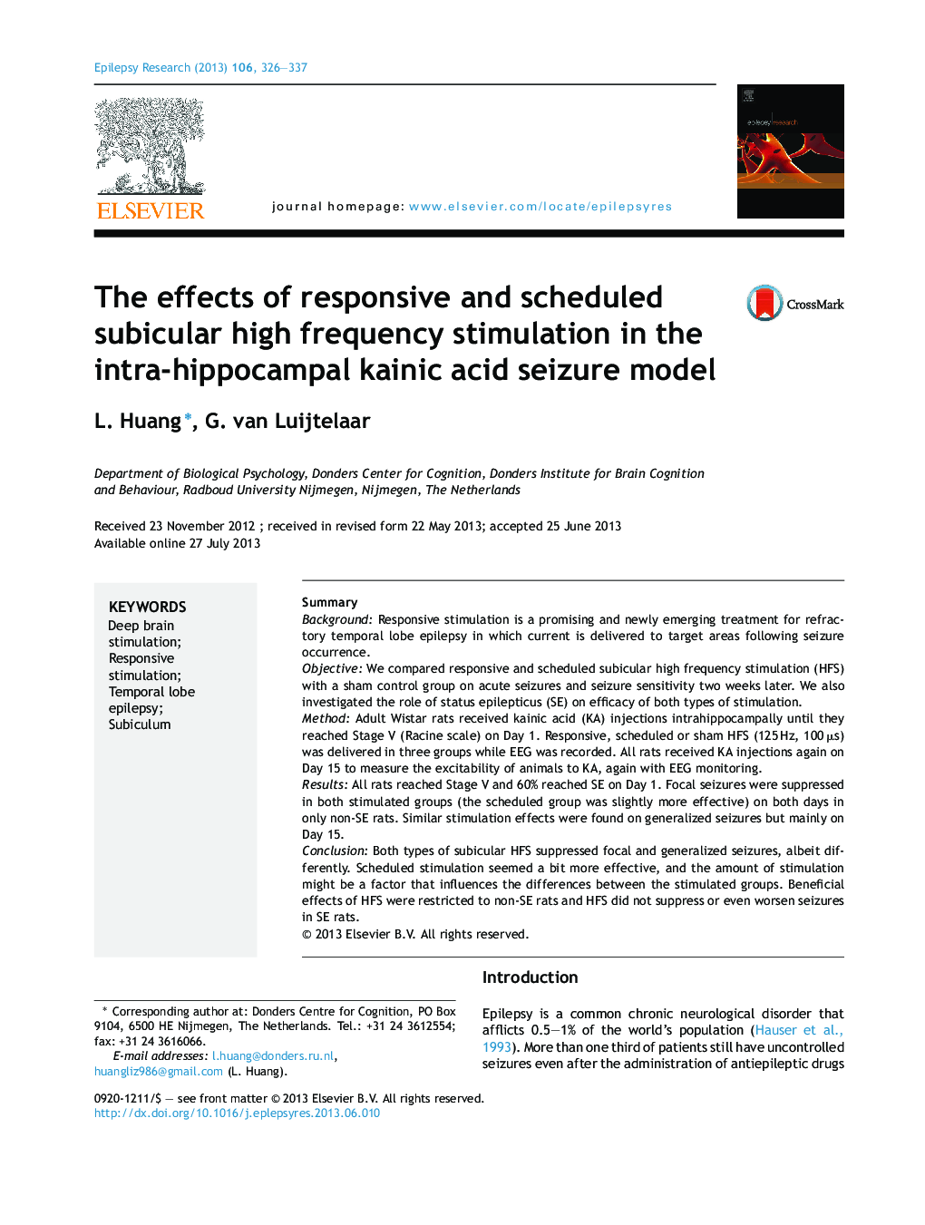 The effects of responsive and scheduled subicular high frequency stimulation in the intra-hippocampal kainic acid seizure model