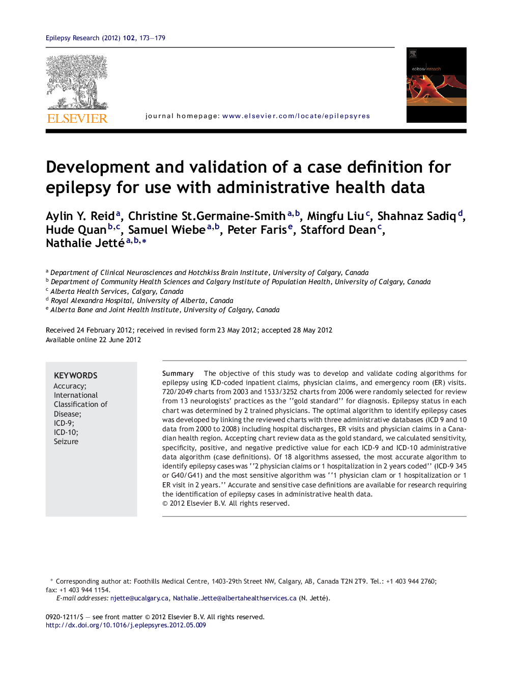 Development and validation of a case definition for epilepsy for use with administrative health data