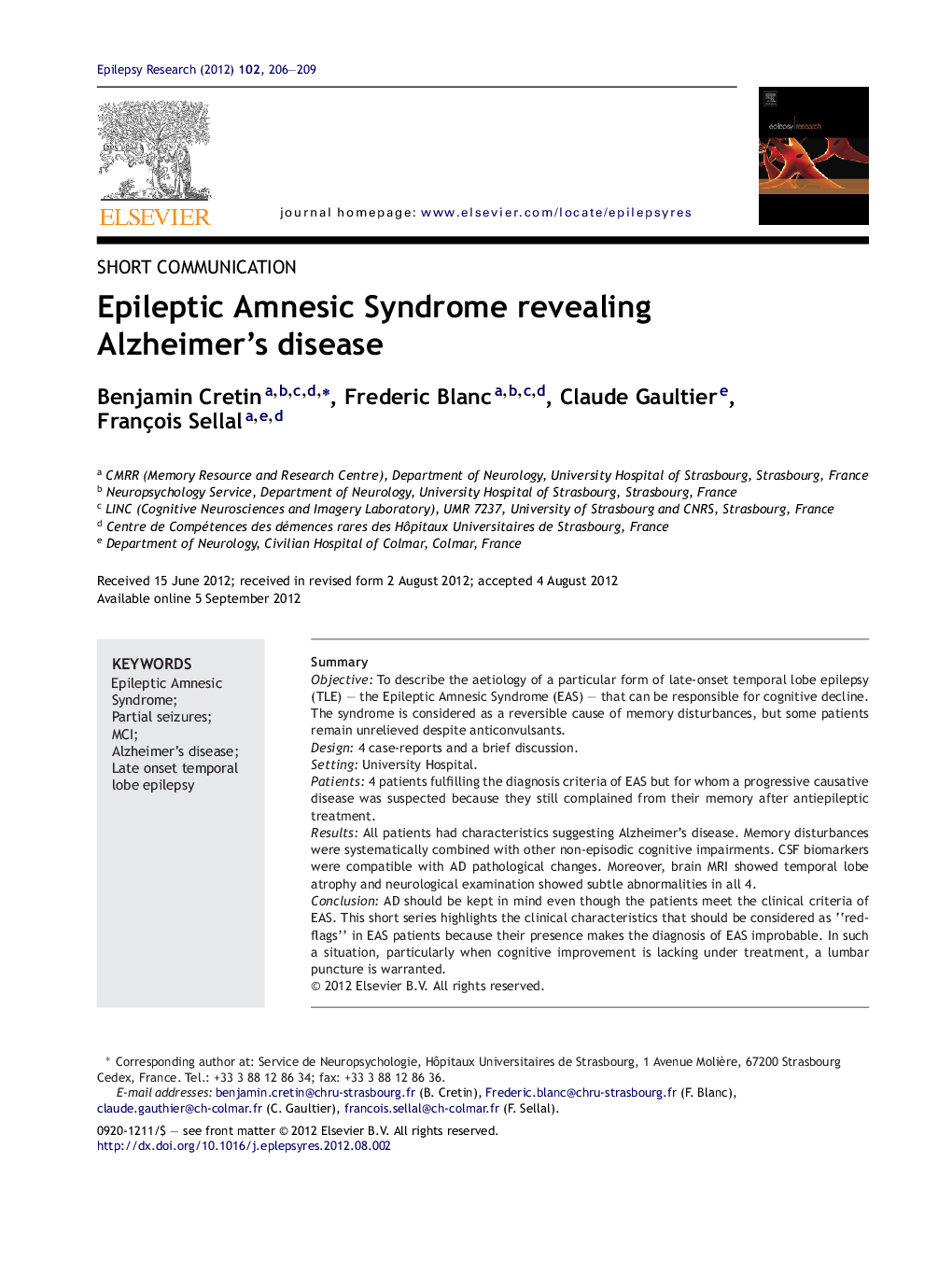 Epileptic Amnesic Syndrome revealing Alzheimer's disease