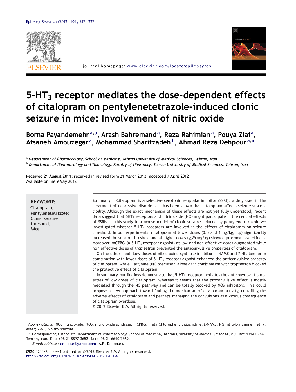 5-HT3 receptor mediates the dose-dependent effects of citalopram on pentylenetetrazole-induced clonic seizure in mice: Involvement of nitric oxide