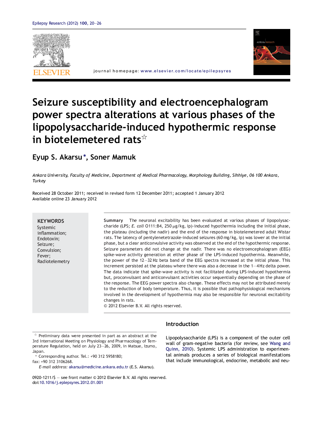 Seizure susceptibility and electroencephalogram power spectra alterations at various phases of the lipopolysaccharide-induced hypothermic response in biotelemetered rats 