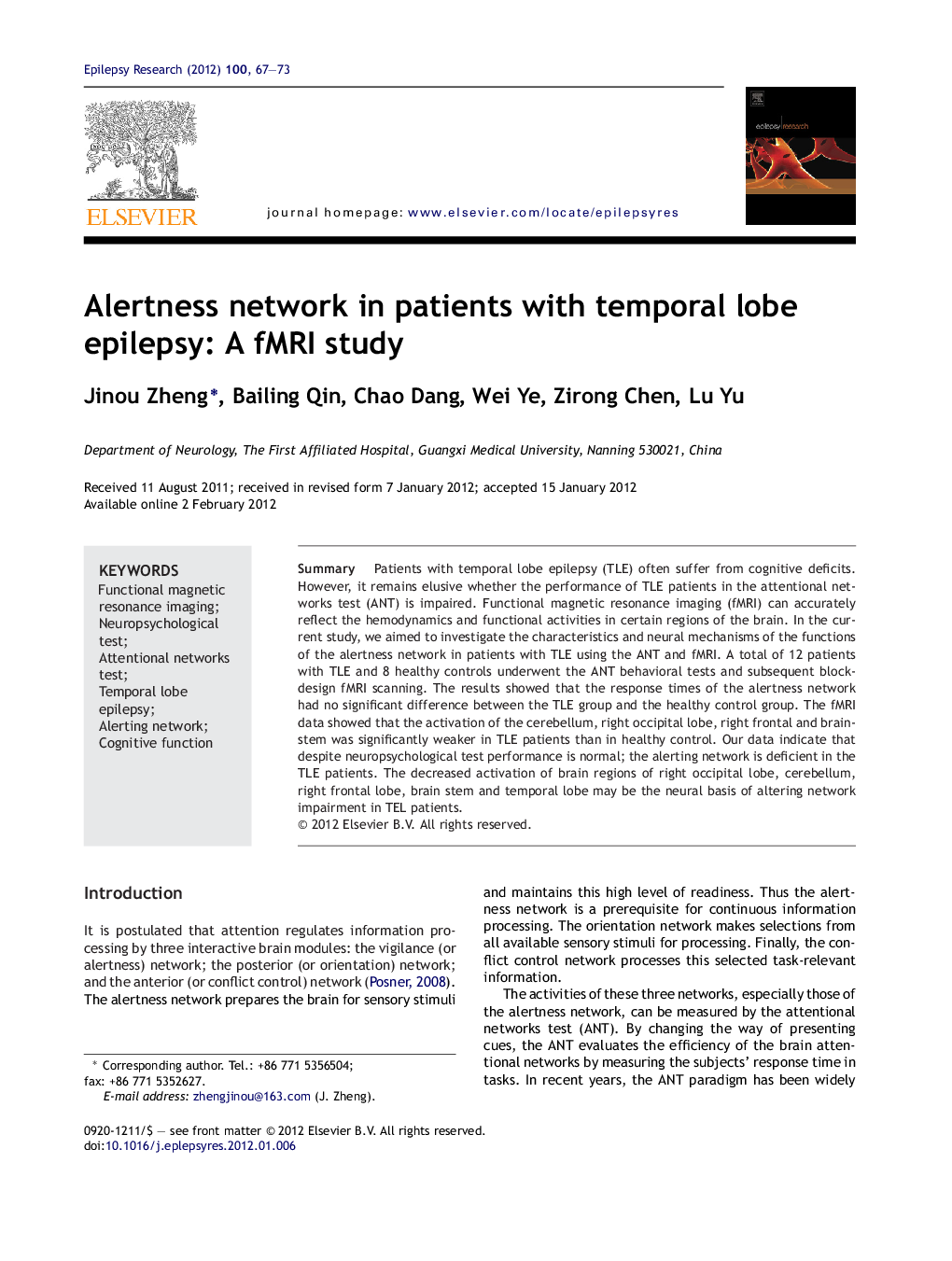 Alertness network in patients with temporal lobe epilepsy: A fMRI study