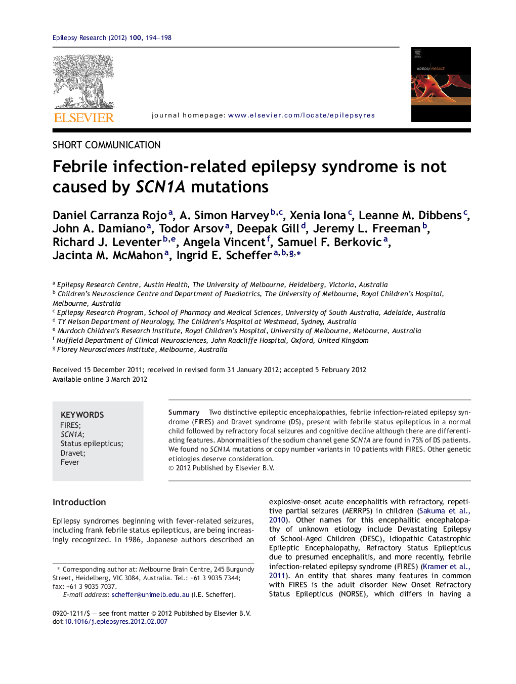 Febrile infection-related epilepsy syndrome is not caused by SCN1A mutations