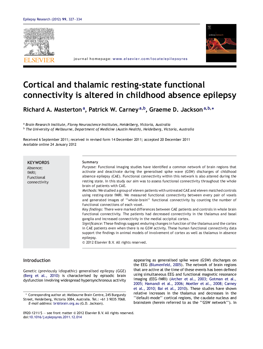 Cortical and thalamic resting-state functional connectivity is altered in childhood absence epilepsy