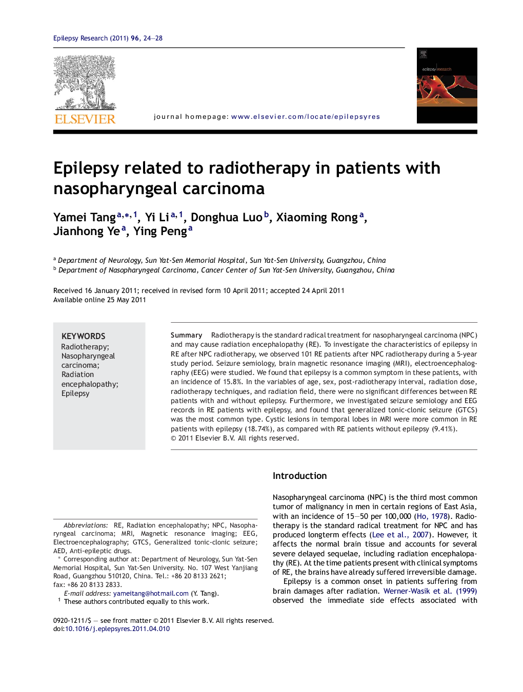 Epilepsy related to radiotherapy in patients with nasopharyngeal carcinoma