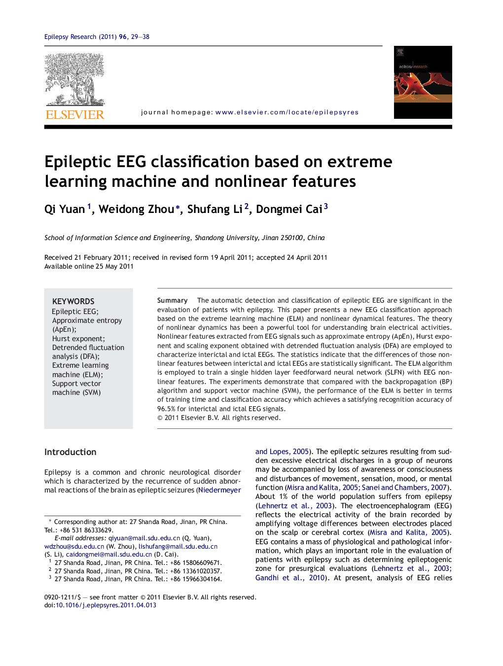 Epileptic EEG classification based on extreme learning machine and nonlinear features