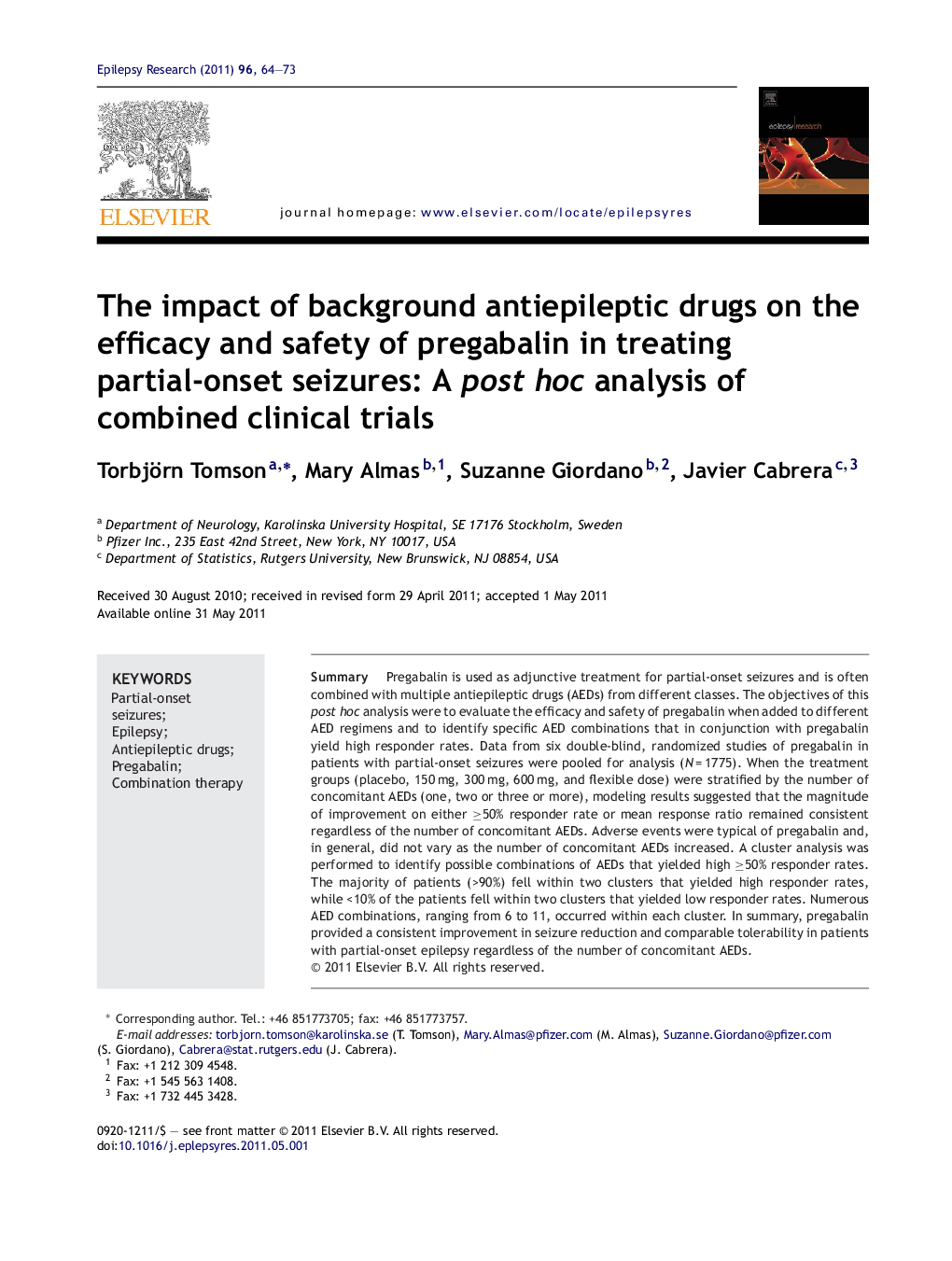 The impact of background antiepileptic drugs on the efficacy and safety of pregabalin in treating partial-onset seizures: A post hoc analysis of combined clinical trials