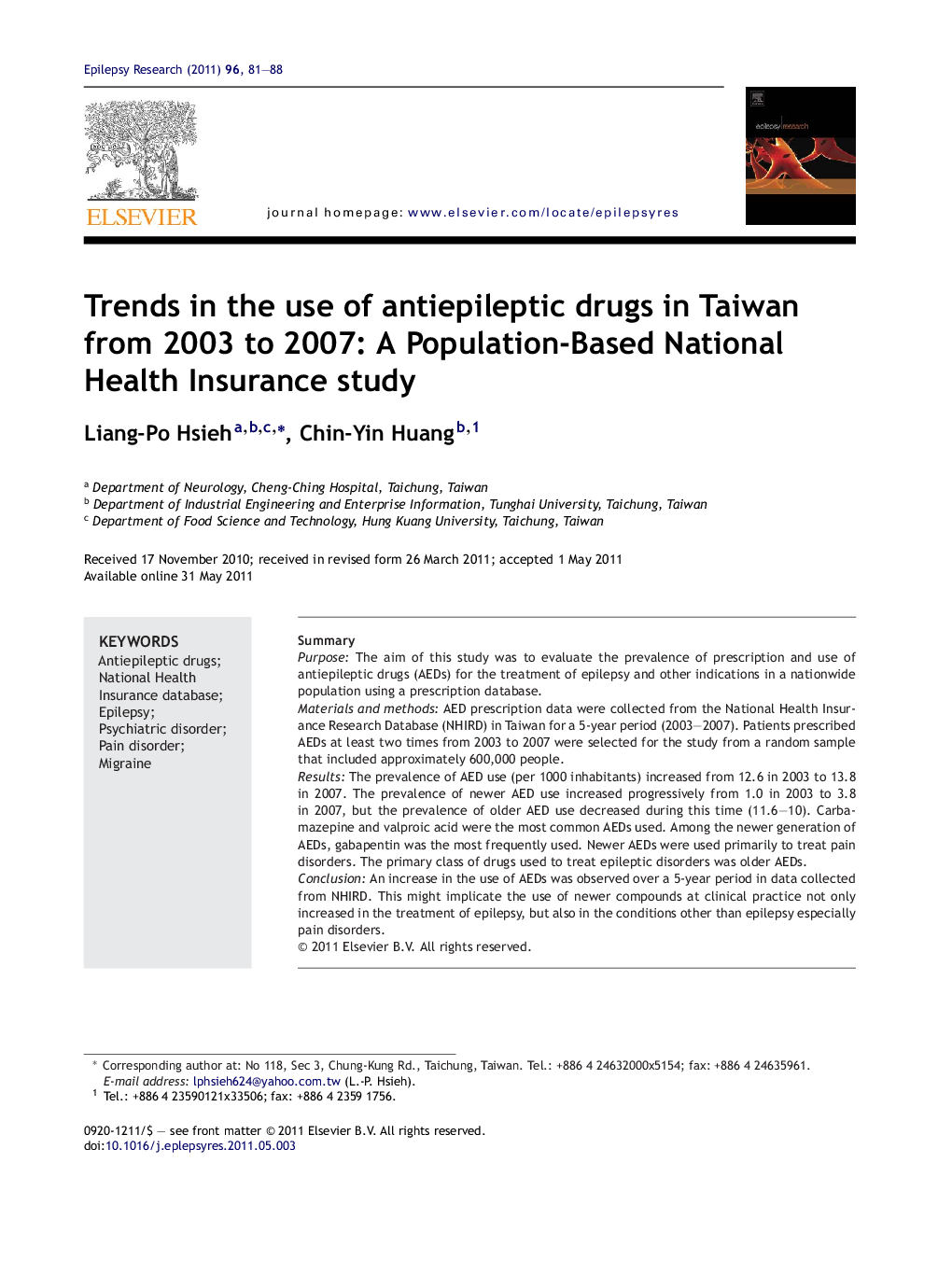 Trends in the use of antiepileptic drugs in Taiwan from 2003 to 2007: A Population-Based National Health Insurance study