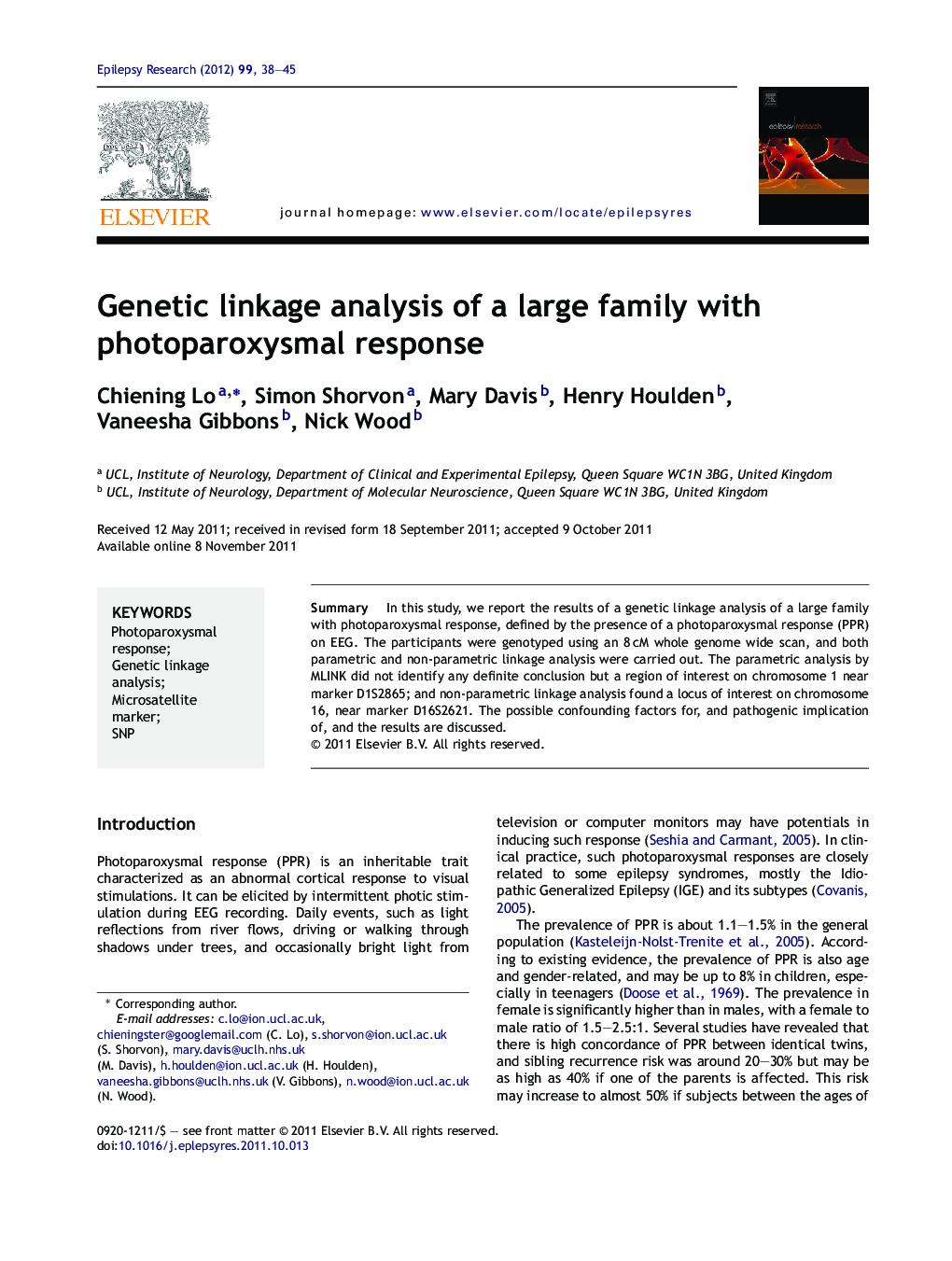 Genetic linkage analysis of a large family with photoparoxysmal response
