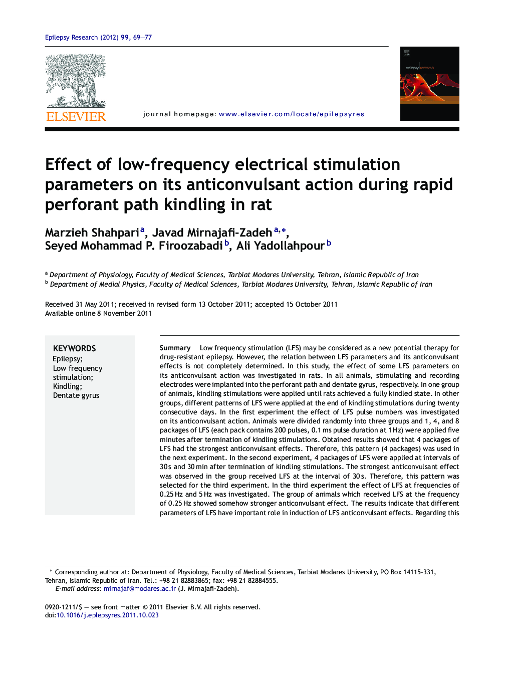 Effect of low-frequency electrical stimulation parameters on its anticonvulsant action during rapid perforant path kindling in rat