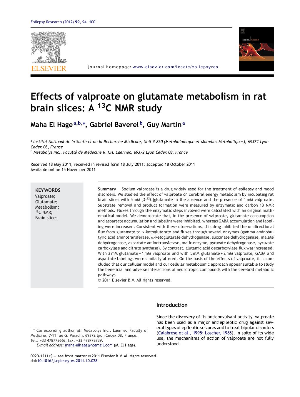 Effects of valproate on glutamate metabolism in rat brain slices: A 13C NMR study