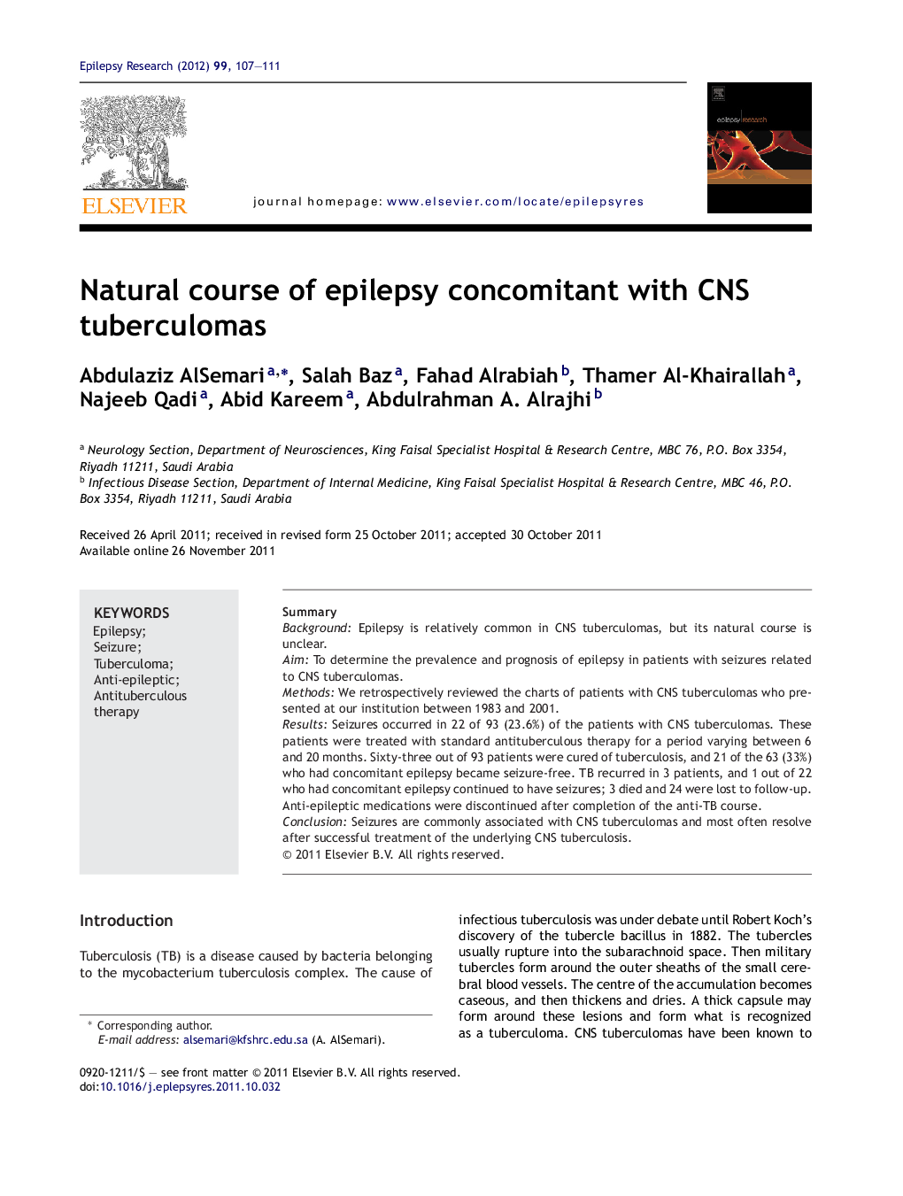 Natural course of epilepsy concomitant with CNS tuberculomas