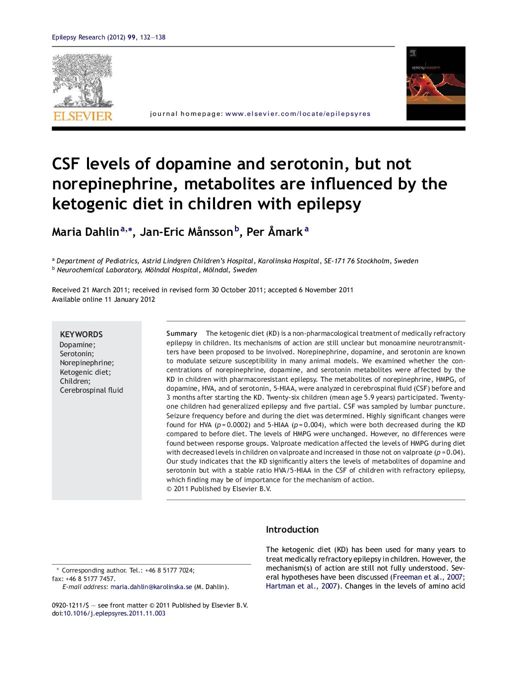 CSF levels of dopamine and serotonin, but not norepinephrine, metabolites are influenced by the ketogenic diet in children with epilepsy