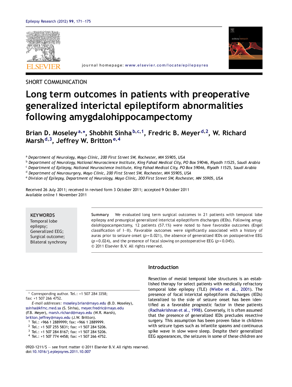 Long term outcomes in patients with preoperative generalized interictal epileptiform abnormalities following amygdalohippocampectomy