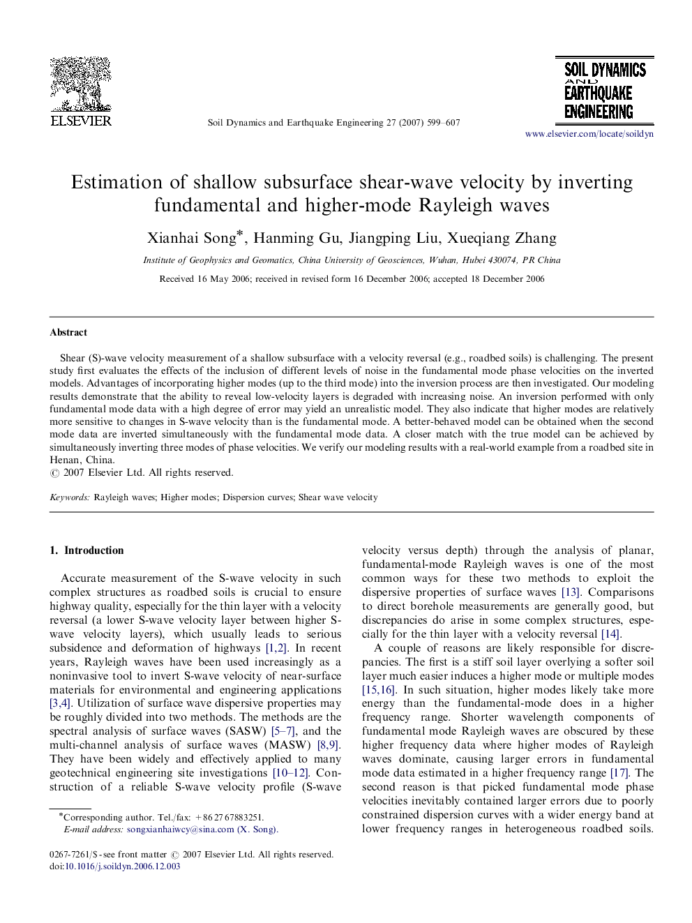 Estimation of shallow subsurface shear-wave velocity by inverting fundamental and higher-mode Rayleigh waves