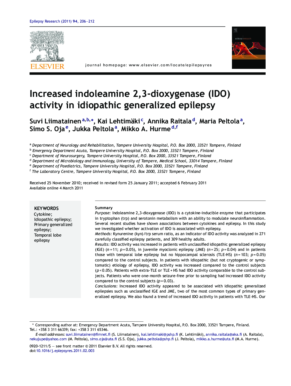 Increased indoleamine 2,3-dioxygenase (IDO) activity in idiopathic generalized epilepsy