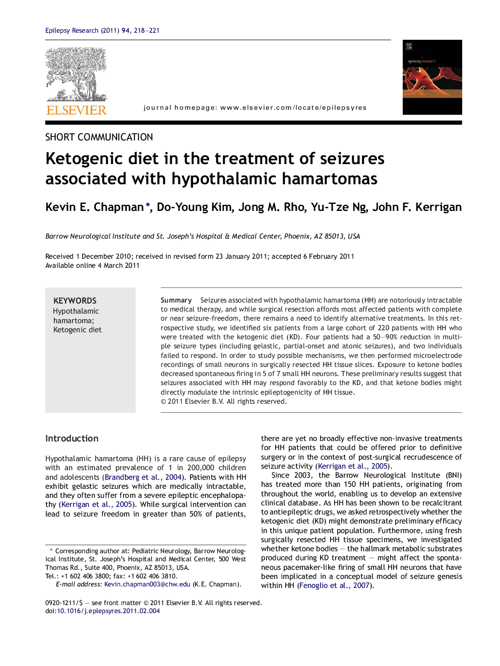 Ketogenic diet in the treatment of seizures associated with hypothalamic hamartomas