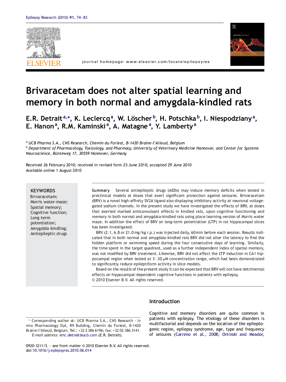 Brivaracetam does not alter spatial learning and memory in both normal and amygdala-kindled rats