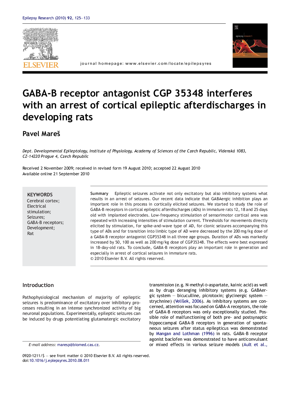 GABA-B receptor antagonist CGP 35348 interferes with an arrest of cortical epileptic afterdischarges in developing rats