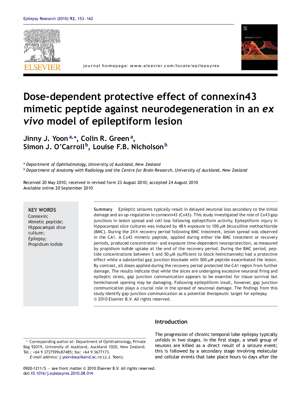 Dose-dependent protective effect of connexin43 mimetic peptide against neurodegeneration in an ex vivo model of epileptiform lesion