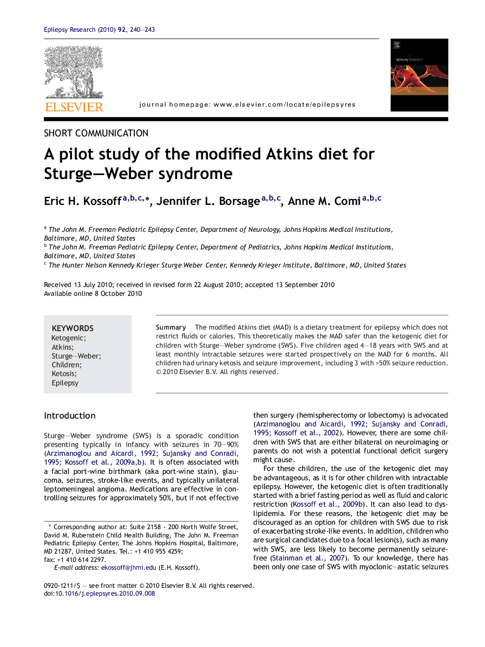 A pilot study of the modified Atkins diet for Sturge–Weber syndrome