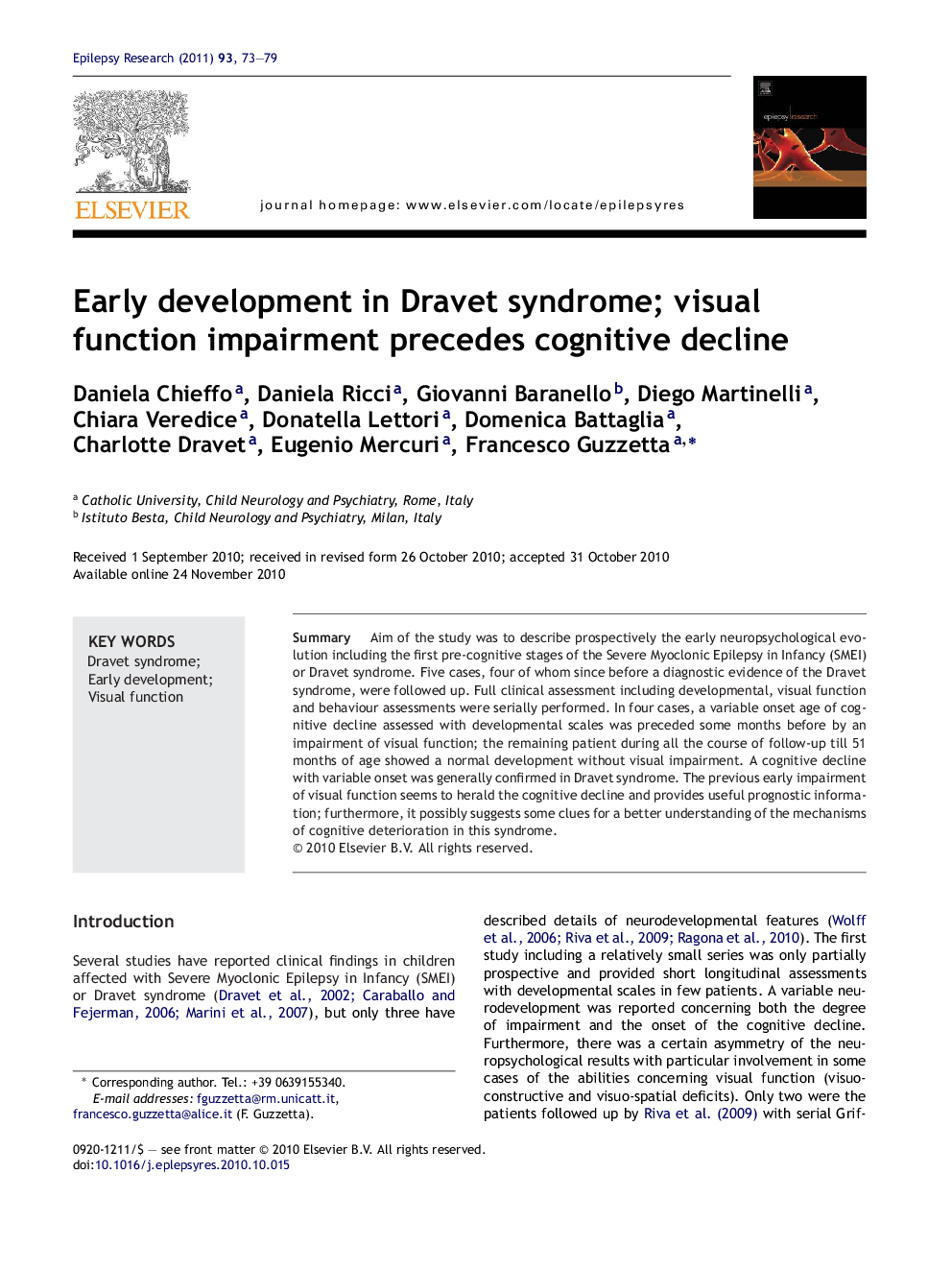 Early development in Dravet syndrome; visual function impairment precedes cognitive decline