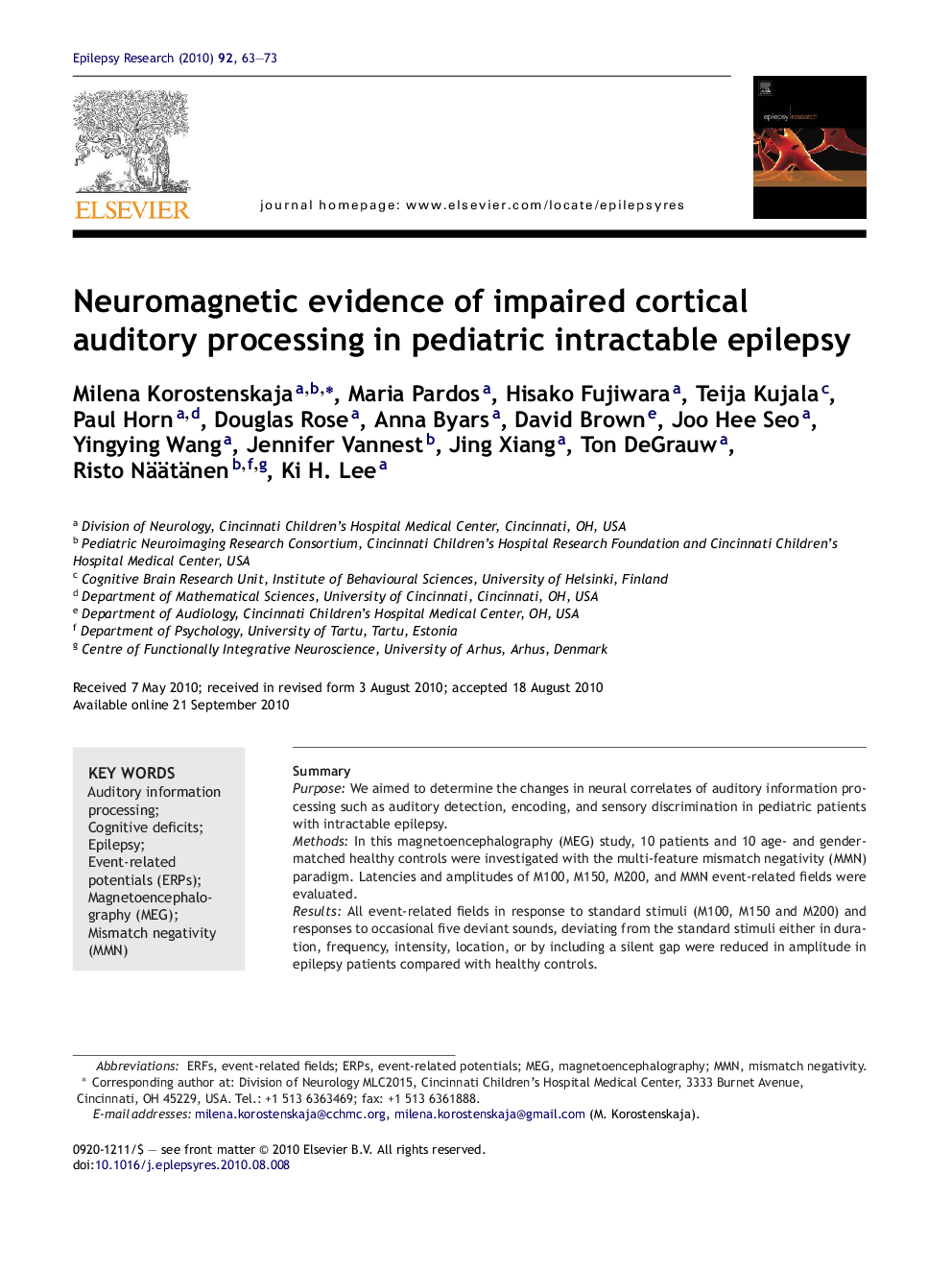 Neuromagnetic evidence of impaired cortical auditory processing in pediatric intractable epilepsy