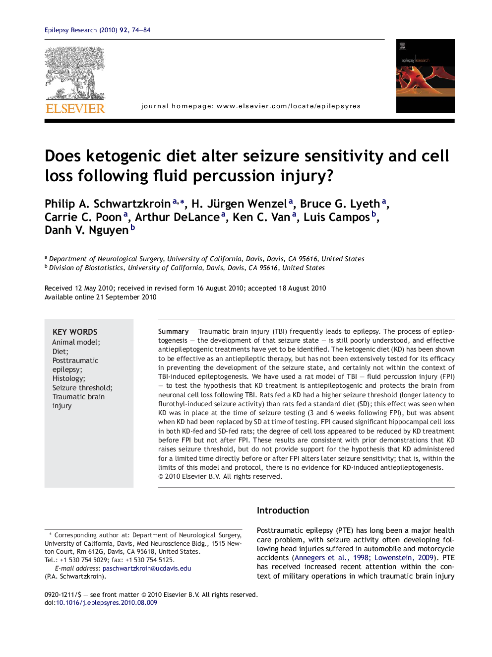 Does ketogenic diet alter seizure sensitivity and cell loss following fluid percussion injury?