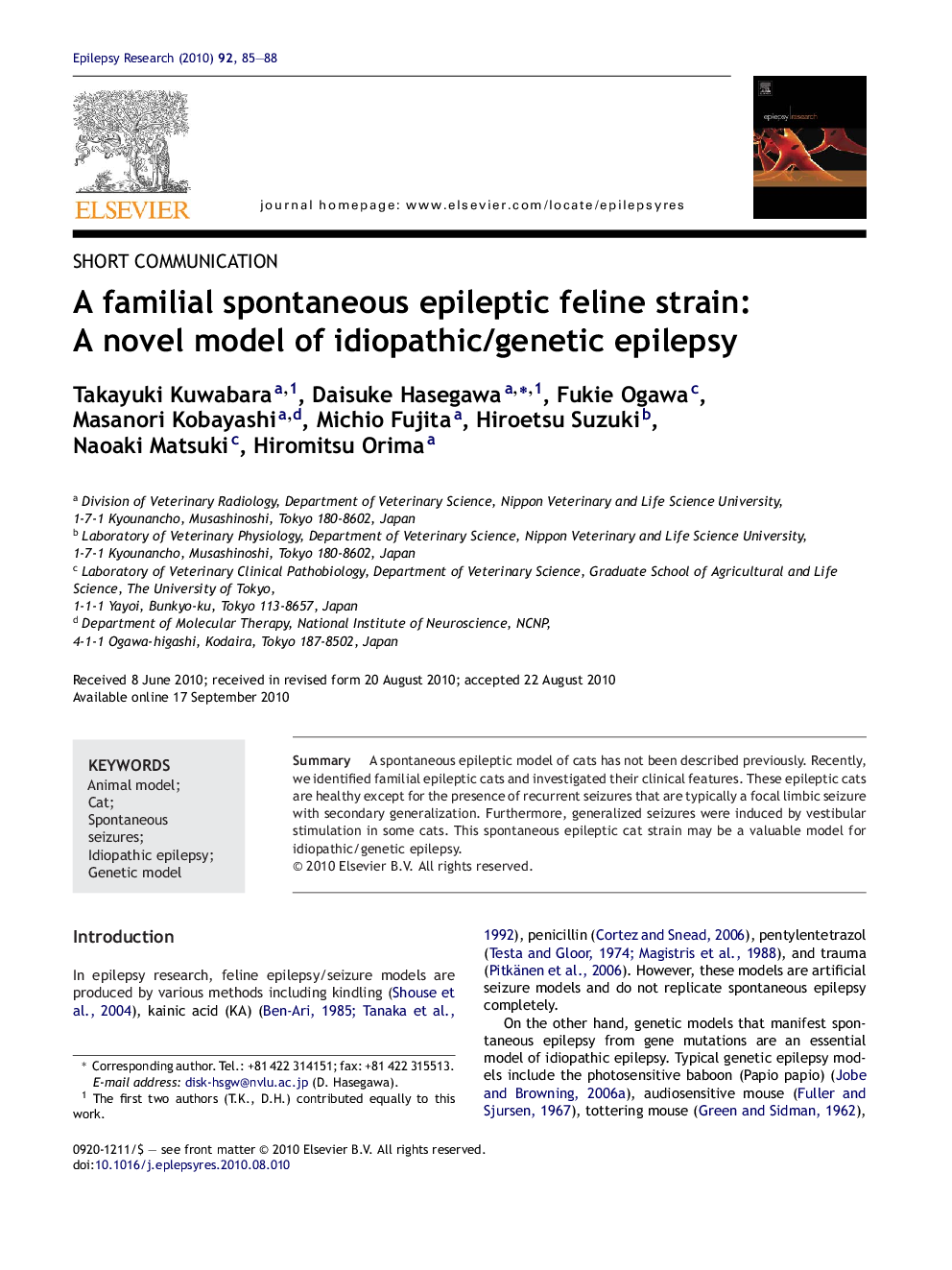 A familial spontaneous epileptic feline strain: A novel model of idiopathic/genetic epilepsy