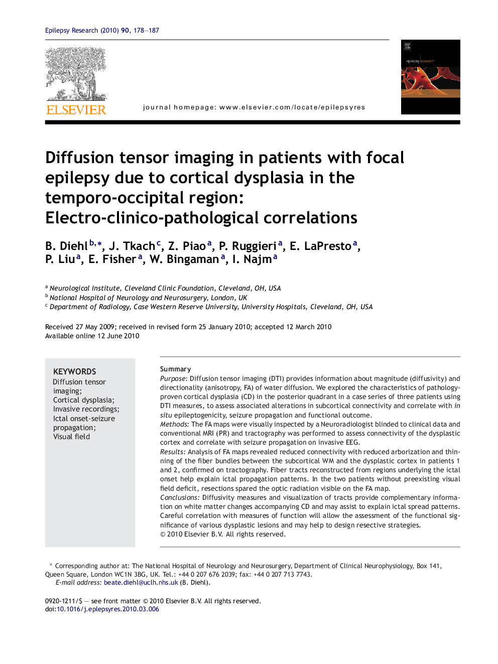 Diffusion tensor imaging in patients with focal epilepsy due to cortical dysplasia in the temporo-occipital region: Electro-clinico-pathological correlations