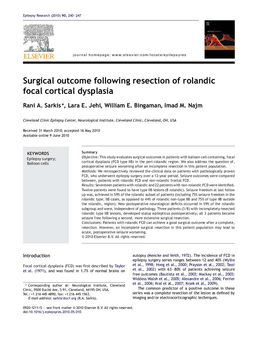 Surgical outcome following resection of rolandic focal cortical dysplasia