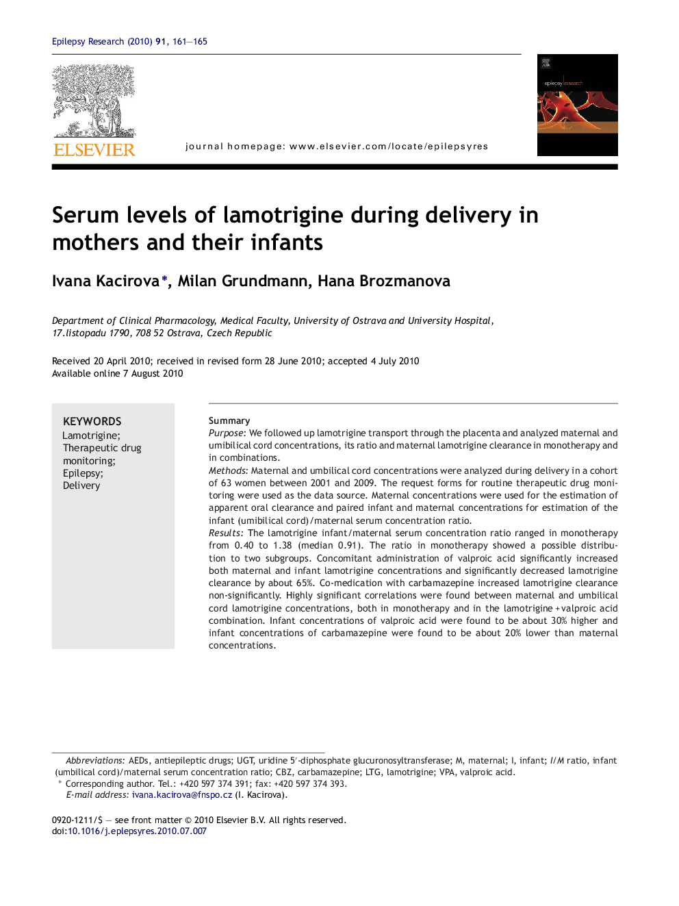 Serum levels of lamotrigine during delivery in mothers and their infants