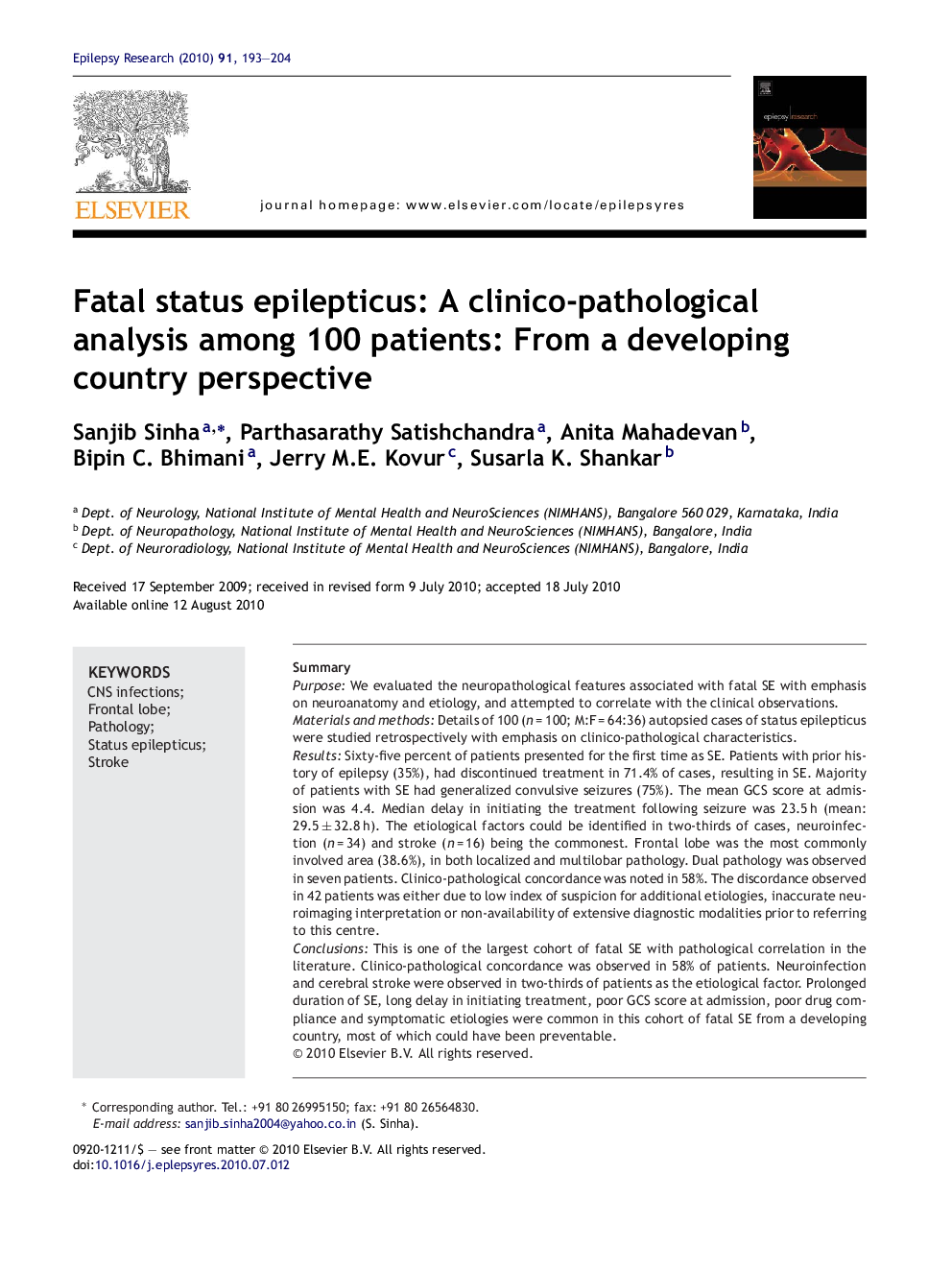 Fatal status epilepticus: A clinico-pathological analysis among 100 patients: From a developing country perspective