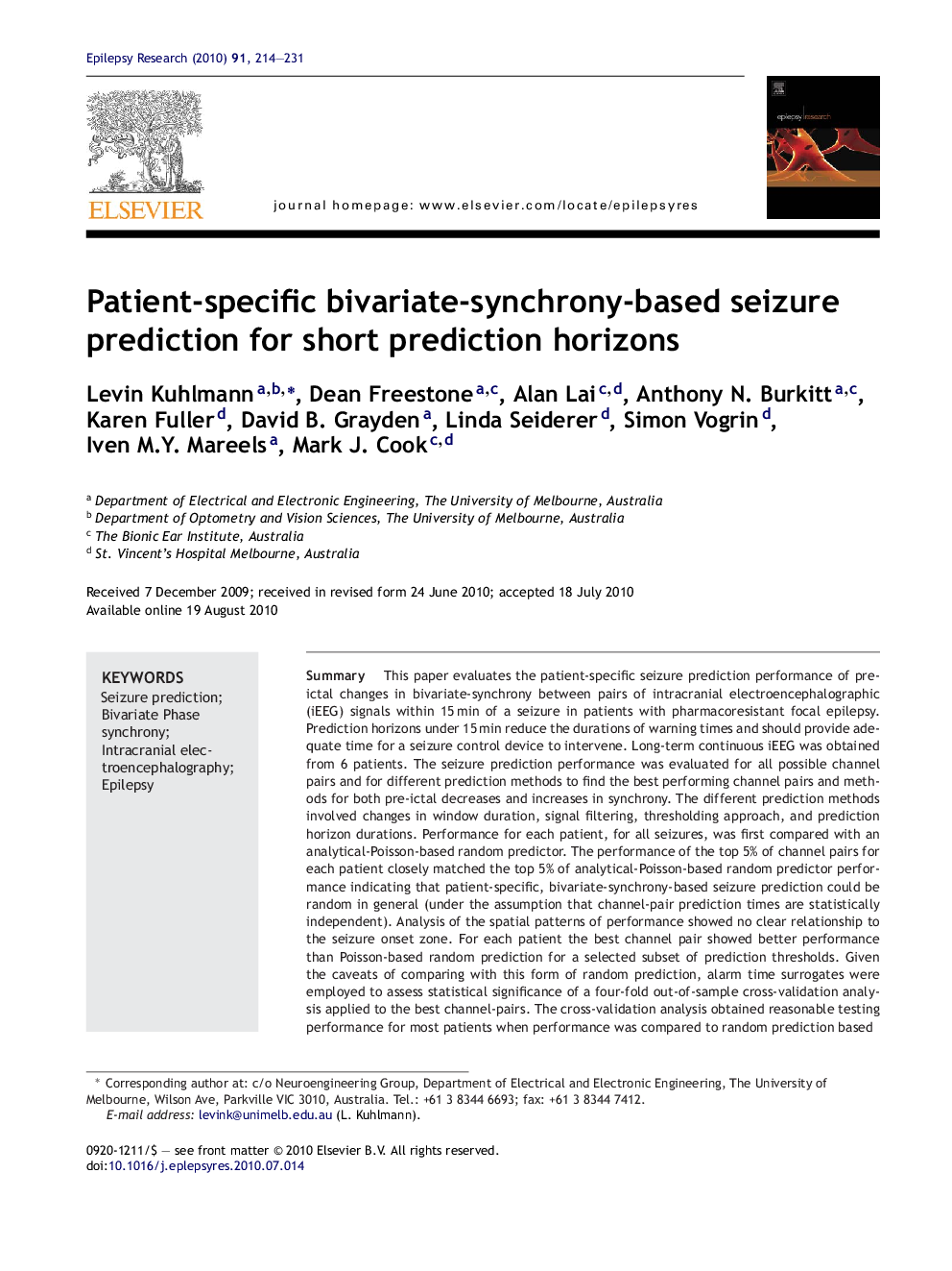 Patient-specific bivariate-synchrony-based seizure prediction for short prediction horizons