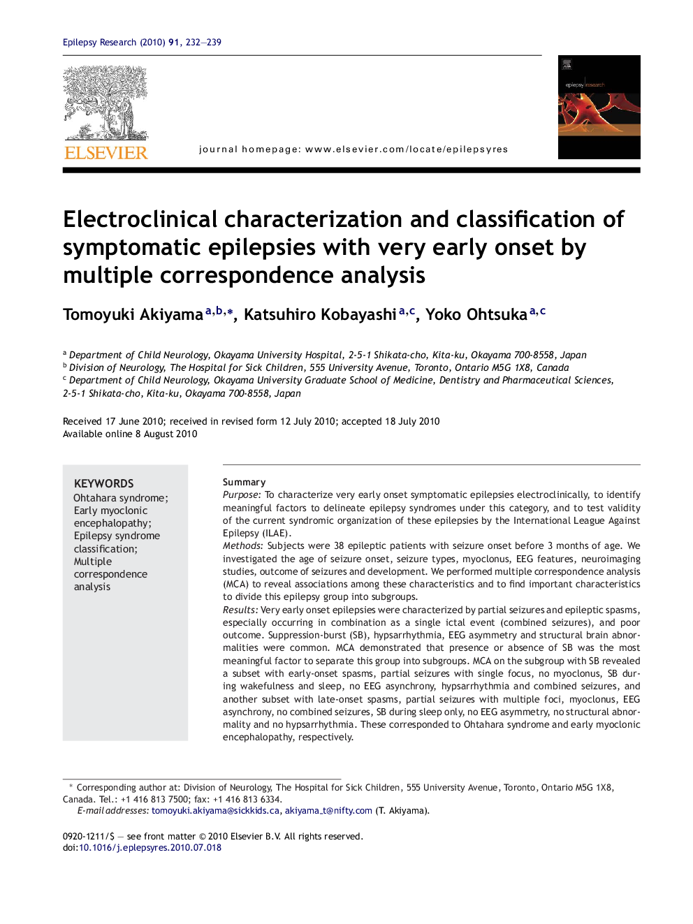 Electroclinical characterization and classification of symptomatic epilepsies with very early onset by multiple correspondence analysis