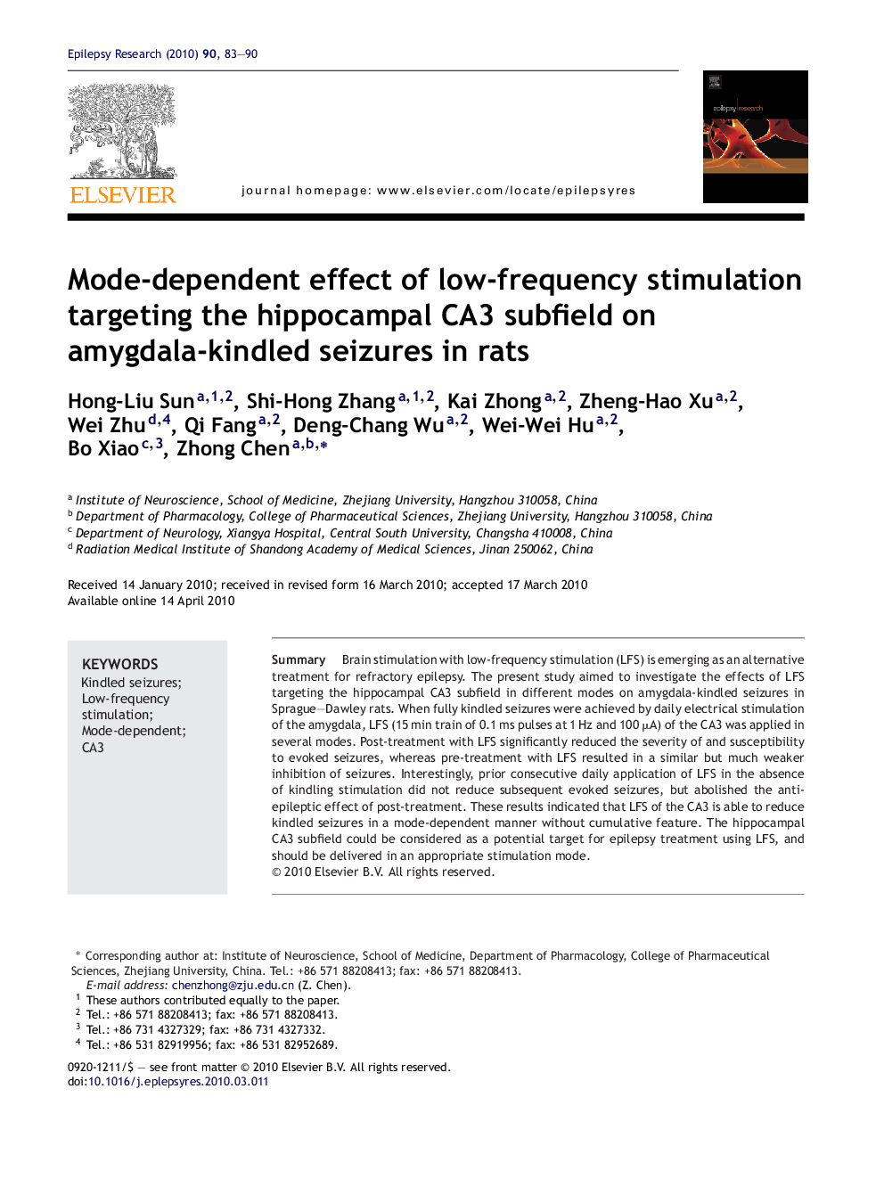 Mode-dependent effect of low-frequency stimulation targeting the hippocampal CA3 subfield on amygdala-kindled seizures in rats