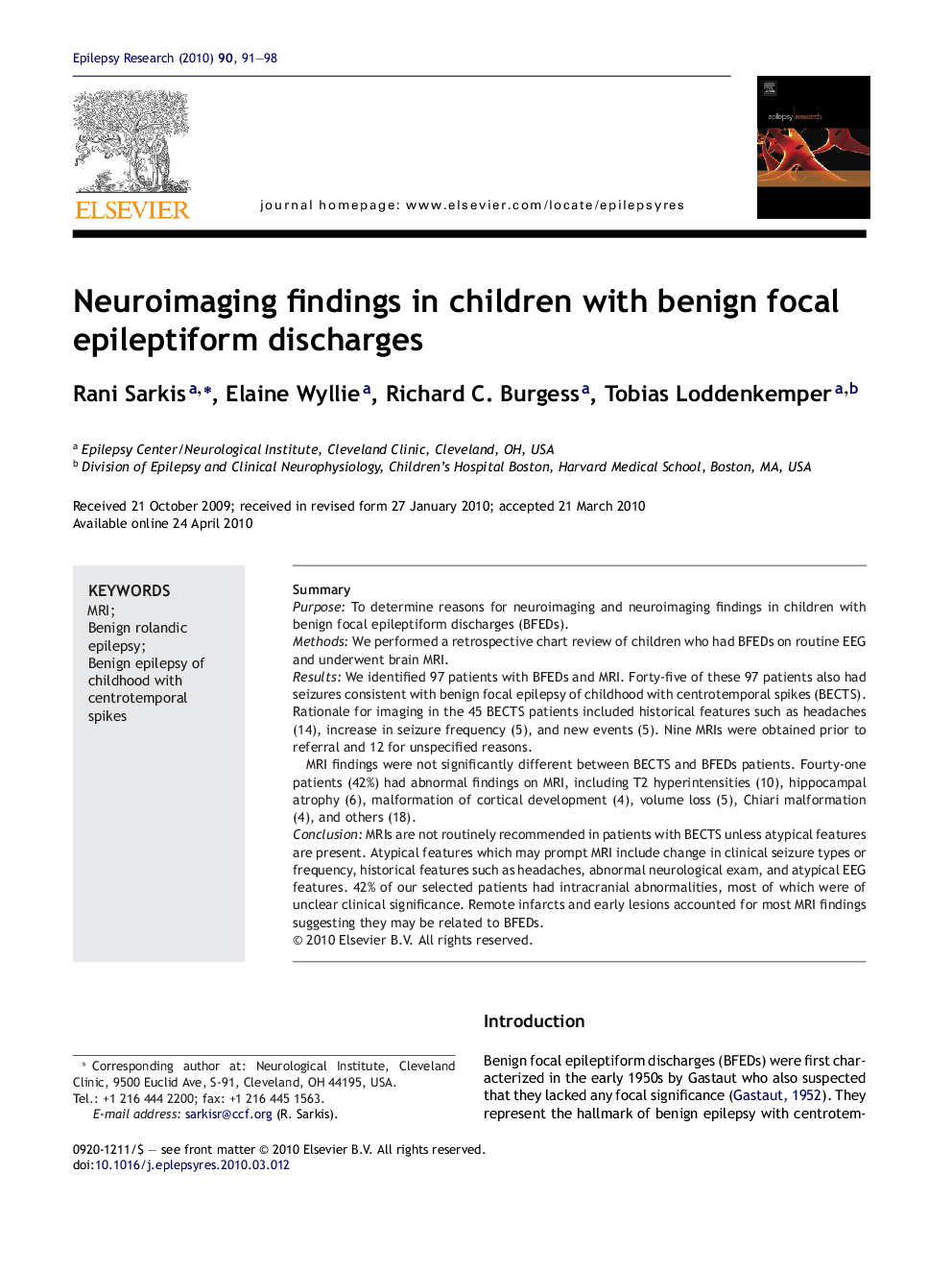 Neuroimaging findings in children with benign focal epileptiform discharges