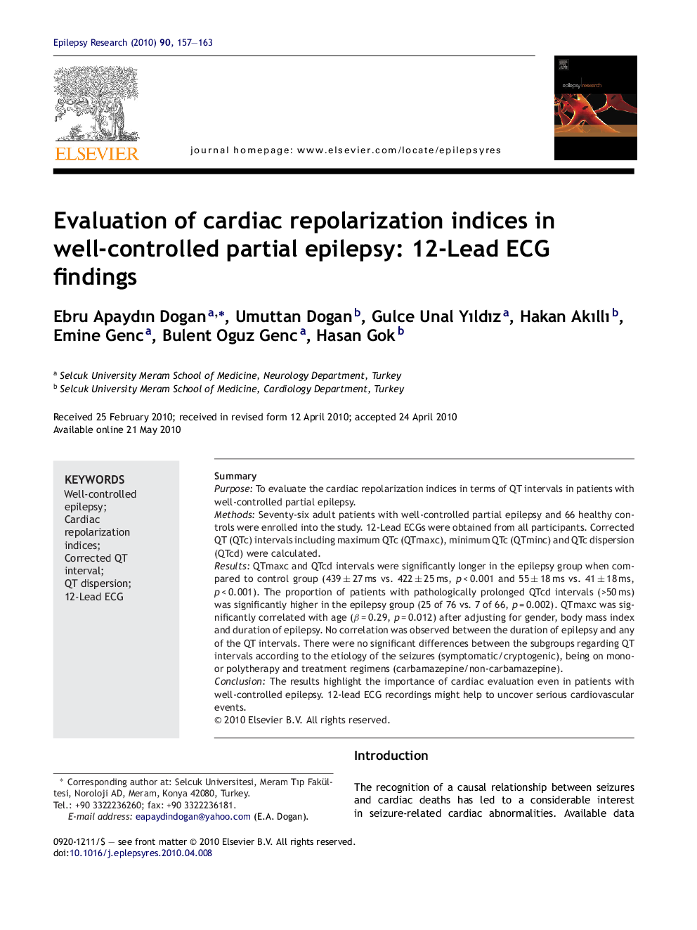 Evaluation of cardiac repolarization indices in well-controlled partial epilepsy: 12-Lead ECG findings