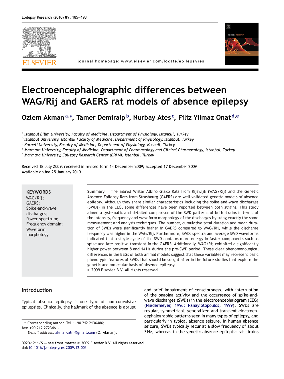 Electroencephalographic differences between WAG/Rij and GAERS rat models of absence epilepsy