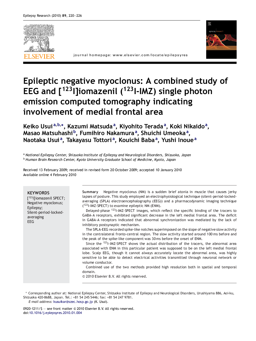 Epileptic negative myoclonus: A combined study of EEG and [123I]iomazenil (123I-IMZ) single photon emission computed tomography indicating involvement of medial frontal area