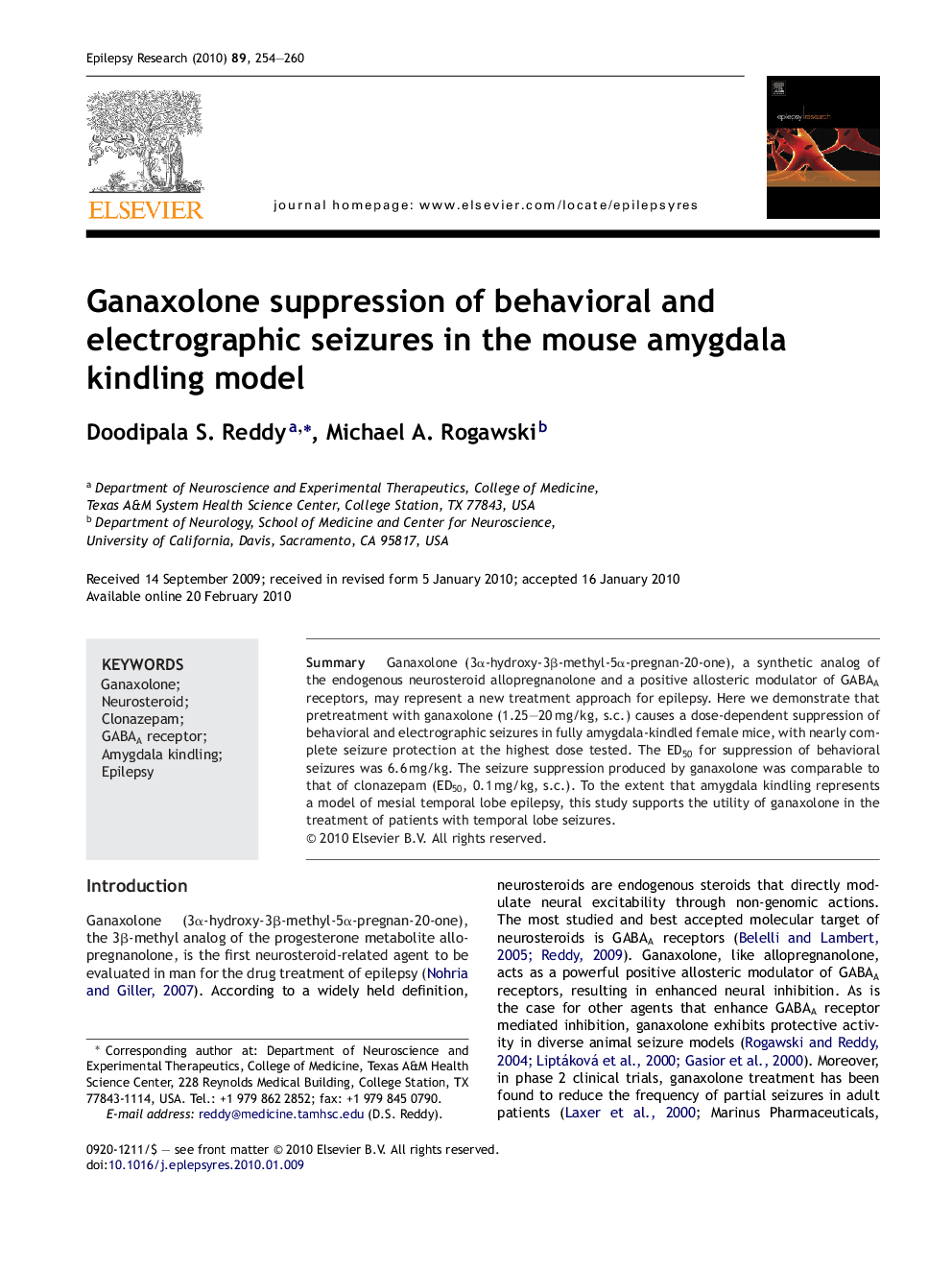 Ganaxolone suppression of behavioral and electrographic seizures in the mouse amygdala kindling model