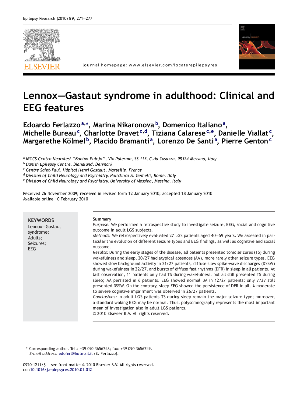 Lennox–Gastaut syndrome in adulthood: Clinical and EEG features