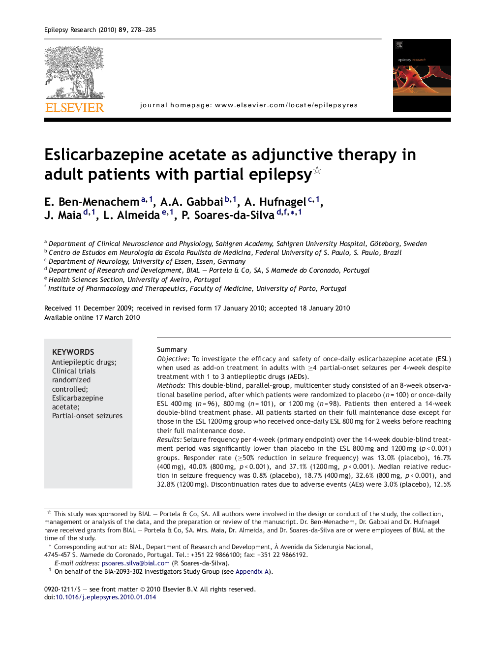 Eslicarbazepine acetate as adjunctive therapy in adult patients with partial epilepsy 