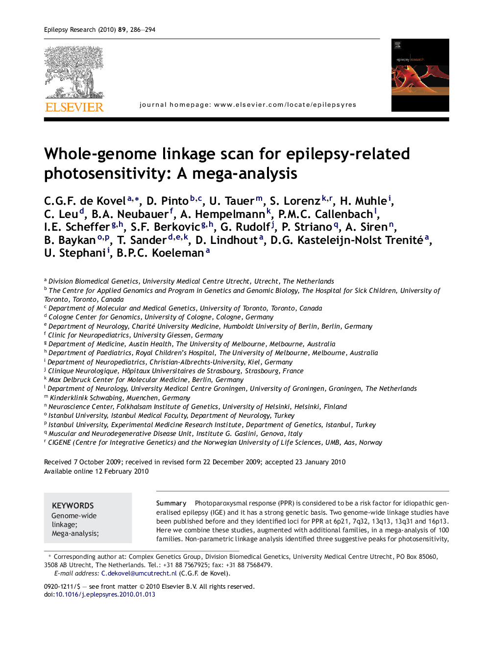 Whole-genome linkage scan for epilepsy-related photosensitivity: A mega-analysis