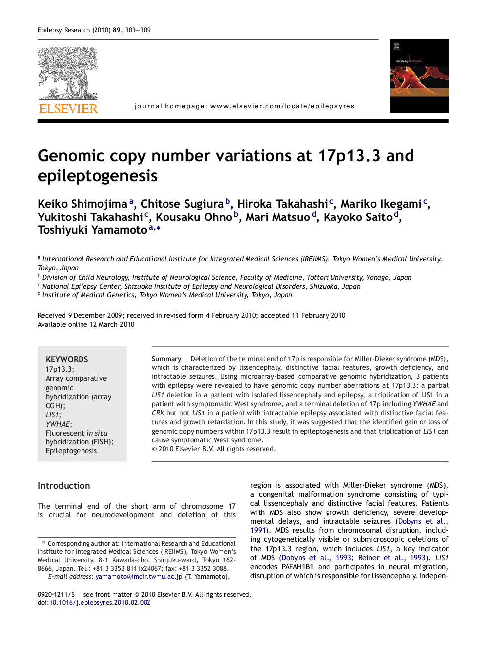 Genomic copy number variations at 17p13.3 and epileptogenesis