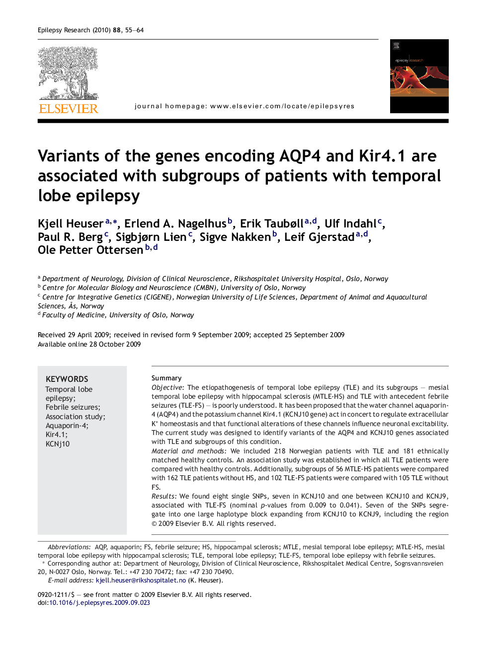 Variants of the genes encoding AQP4 and Kir4.1 are associated with subgroups of patients with temporal lobe epilepsy