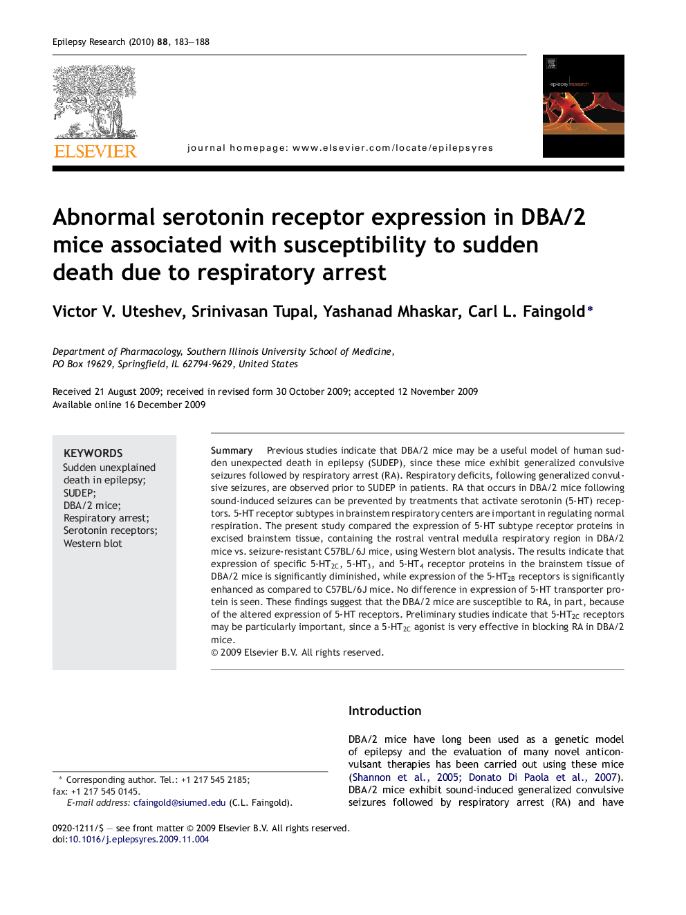 Abnormal serotonin receptor expression in DBA/2 mice associated with susceptibility to sudden death due to respiratory arrest