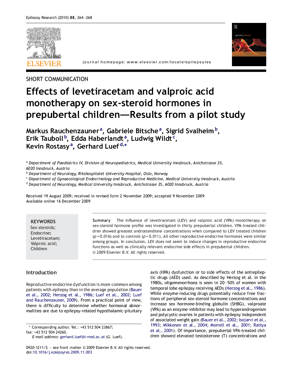 Effects of levetiracetam and valproic acid monotherapy on sex-steroid hormones in prepubertal children—Results from a pilot study