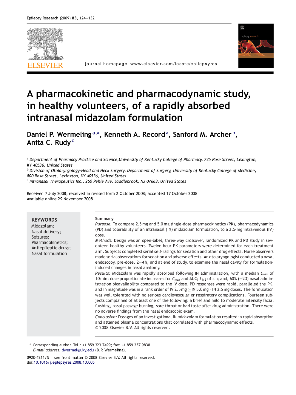 A pharmacokinetic and pharmacodynamic study, in healthy volunteers, of a rapidly absorbed intranasal midazolam formulation